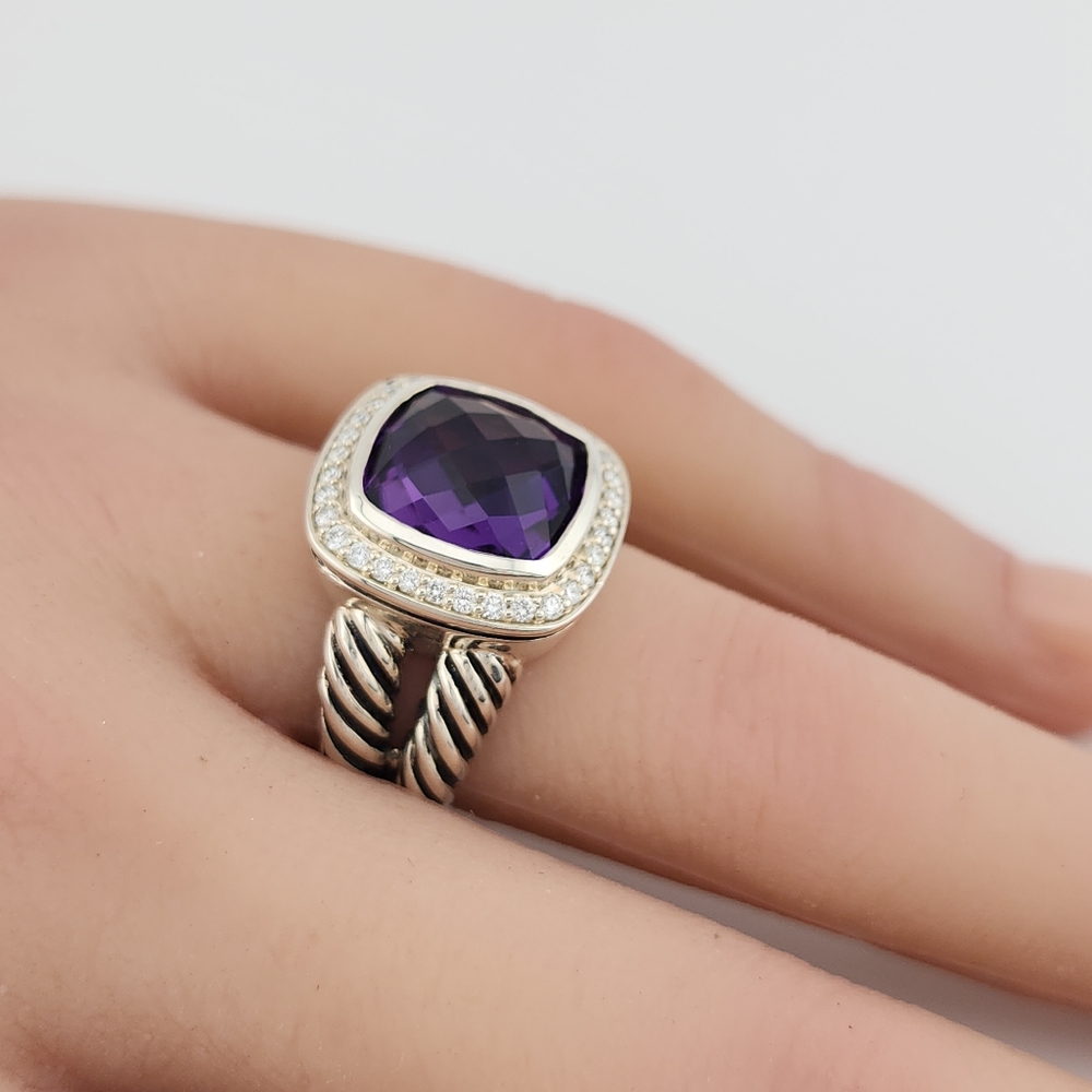 Elegant David Yurman Sterling Silver Albion Ring With a 11mm Amethyst & Diamond